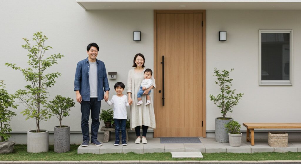 リフォームした玄関前で嬉しそうな30代家族