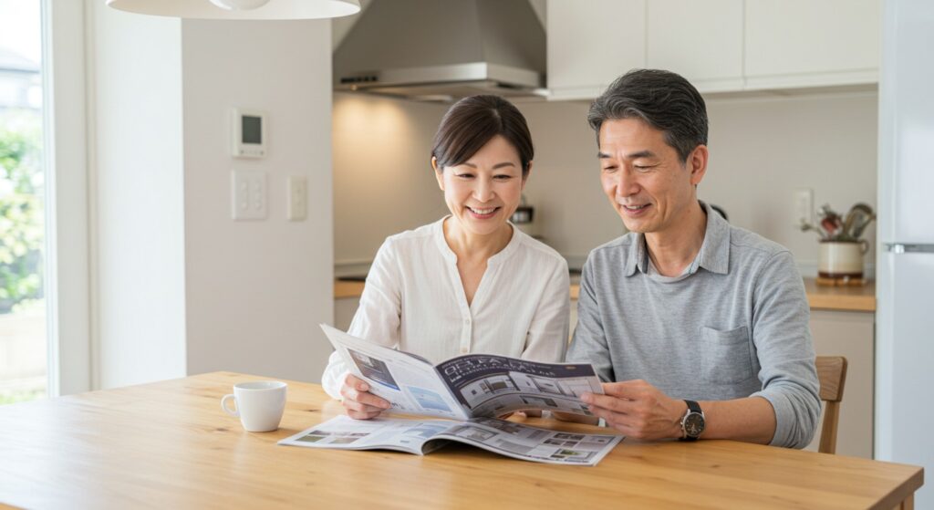 カタログを見ながらトイレリフォームを楽しく検討する50代夫婦